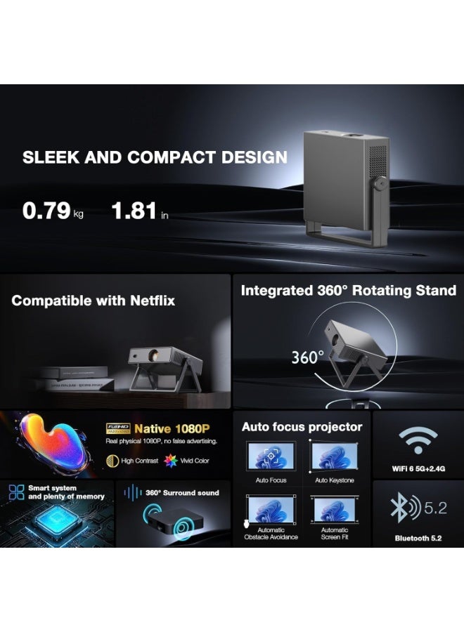 COOLHAWK 800ANI Projector 4K - [Ultra-Slim 1.81"| Portbale Mini Ture 1080P Projector, Smart  Andriod OS with Projector Screen & 360° Rotation Stand & & WIFI 6 and Bluetooth, Auto keystone & Auto Focus, For Home Cinema and Outdoor - Image 2