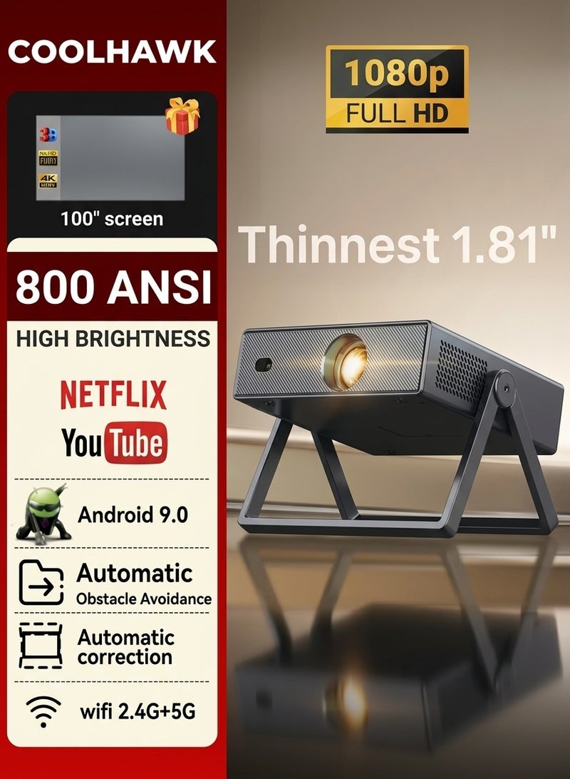 COOLHAWK 800ANI Projector 4K - [Ultra-Slim 1.81"| Portbale Mini Ture 1080P Projector, Smart  Andriod OS with Projector Screen & 360° Rotation Stand & & WIFI 6 and Bluetooth, Auto keystone & Auto Focus, For Home Cinema and Outdoor - Image 1