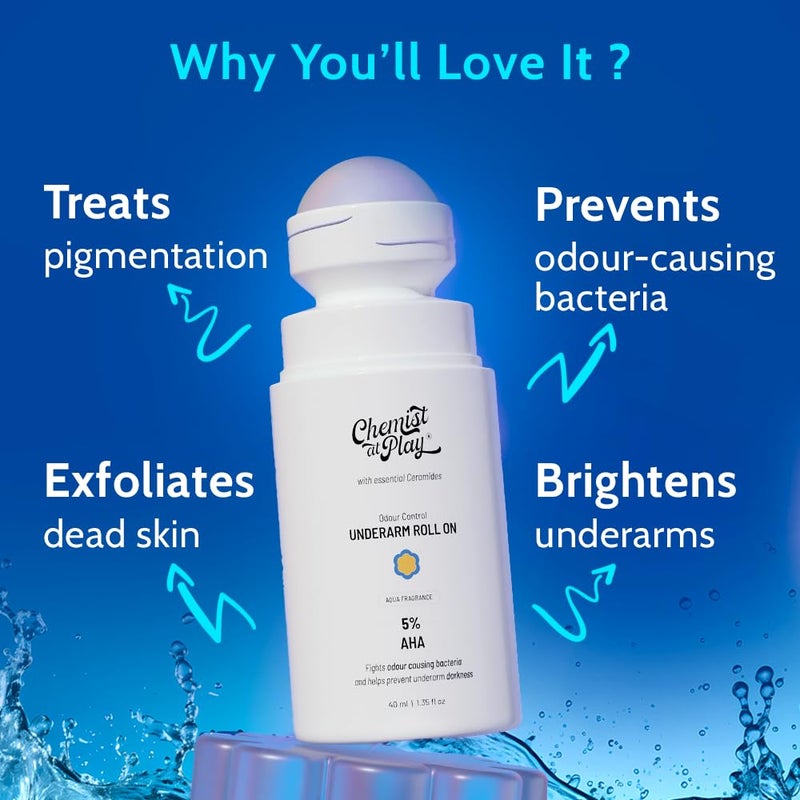 Chemist at Play UnderArm Roll-On with 5% AHA| Lactic & Mandelic Acid|Prevents Odour, Brightens Skin & Exfoliates Underarm | For Sensitive Skin | Aqua Fragrance | Alcohol & Aluminium Free | 1.35 fl oz - Image 2