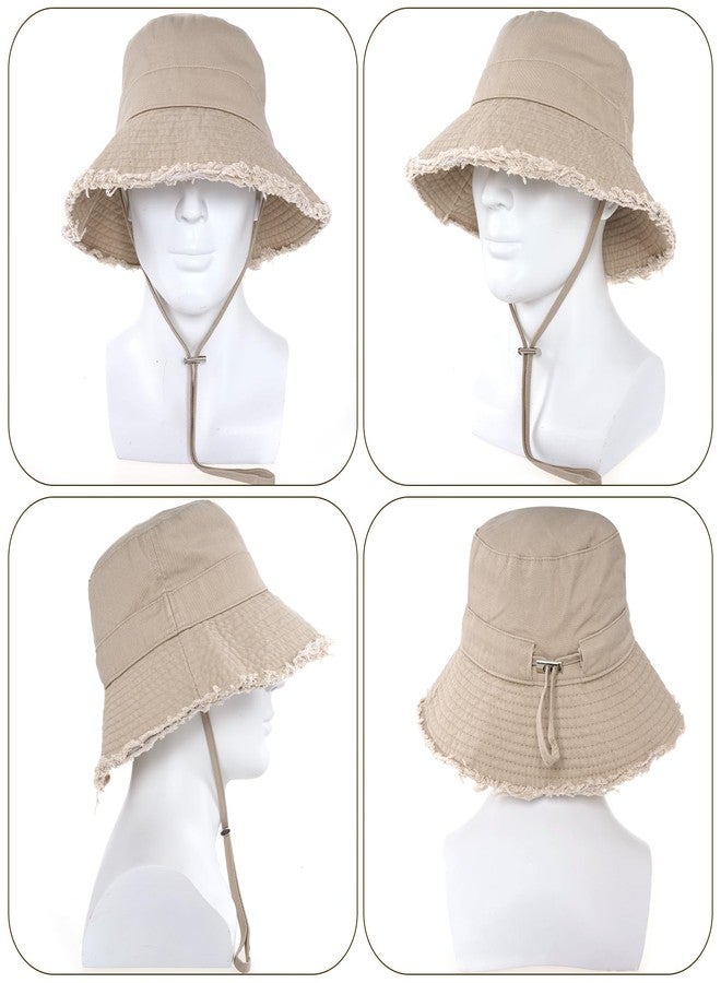 mifengda Bucket Hats for Woman Khaki Summer Beach Sun Hats Women Wide Brim Floppy Hats Unisex Frayed Foldable Cotton Bucket Hat for Travel Beach Gardening (Khaki) - Image 3