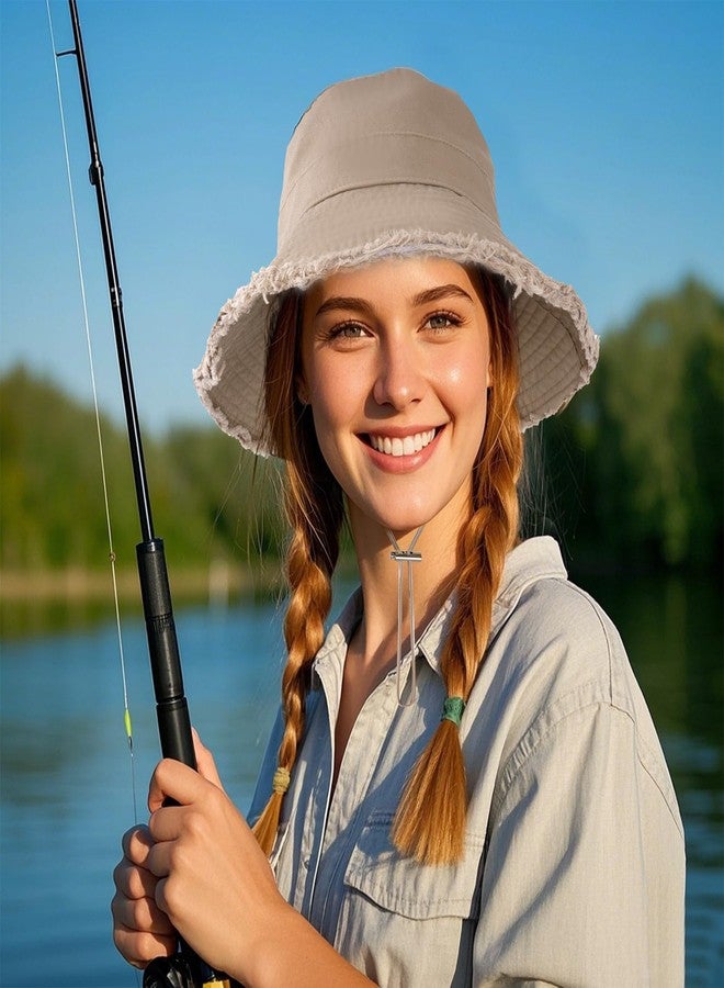 mifengda Bucket Hats for Woman Khaki Summer Beach Sun Hats Women Wide Brim Floppy Hats Unisex Frayed Foldable Cotton Bucket Hat for Travel Beach Gardening (Khaki) - Image 2