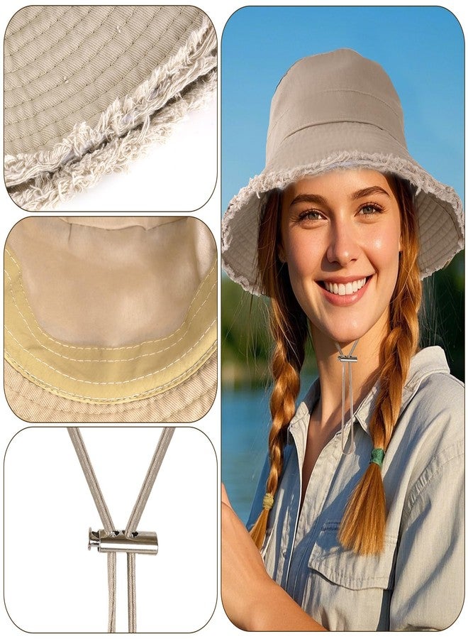mifengda Bucket Hats for Woman Khaki Summer Beach Sun Hats Women Wide Brim Floppy Hats Unisex Frayed Foldable Cotton Bucket Hat for Travel Beach Gardening (Khaki) - Image 5