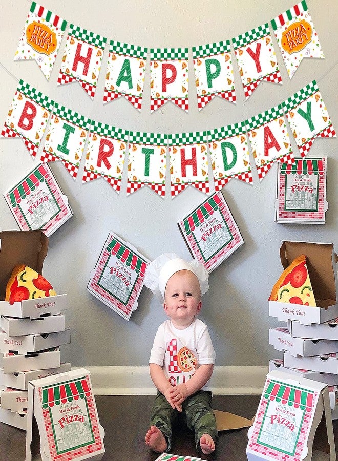 Fangleland Pizza Happy Birthday Banner, Pizza Time Theme Party Decorations - Red and Green Fast Food Pizza Slice Bunting Banner for Kids’ 1st 2nd 3rd Birthday Party Supplies - Image 4