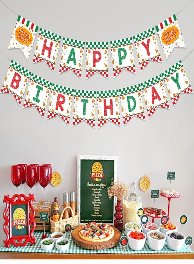Fangleland Pizza Happy Birthday Banner, Pizza Time Theme Party Decorations - Red and Green Fast Food Pizza Slice Bunting Banner for Kids’ 1st 2nd 3rd Birthday Party Supplies - Image 3