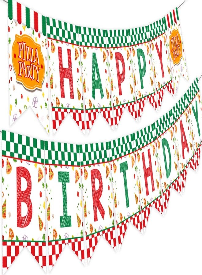 Fangleland Pizza Happy Birthday Banner, Pizza Time Theme Party Decorations - Red and Green Fast Food Pizza Slice Bunting Banner for Kids’ 1st 2nd 3rd Birthday Party Supplies - Image 1