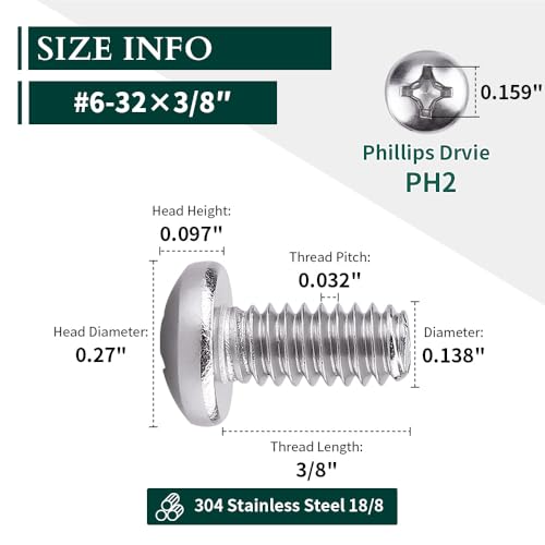 EASTLO #6-32 x 3/8" Pan Head Machine Screw, Phillips Drive, 304 Stainless Steel 18-8, Bright Finish, Fully Machine Thread, 100 Pcs - Image 3