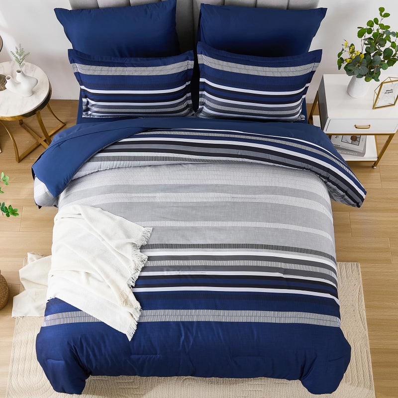 Dobuyly Navy Blue Queen Comforter Set 7 Pieces, Boho Striped Bed in a Bag Queen Size Soft Microfiber All Season Bedding Set with Comforter, Sheets, Pillowcases & Shams - Image 3