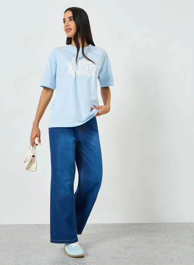 Styli Blue Oversized Rubber Print Cotton T-Shirt