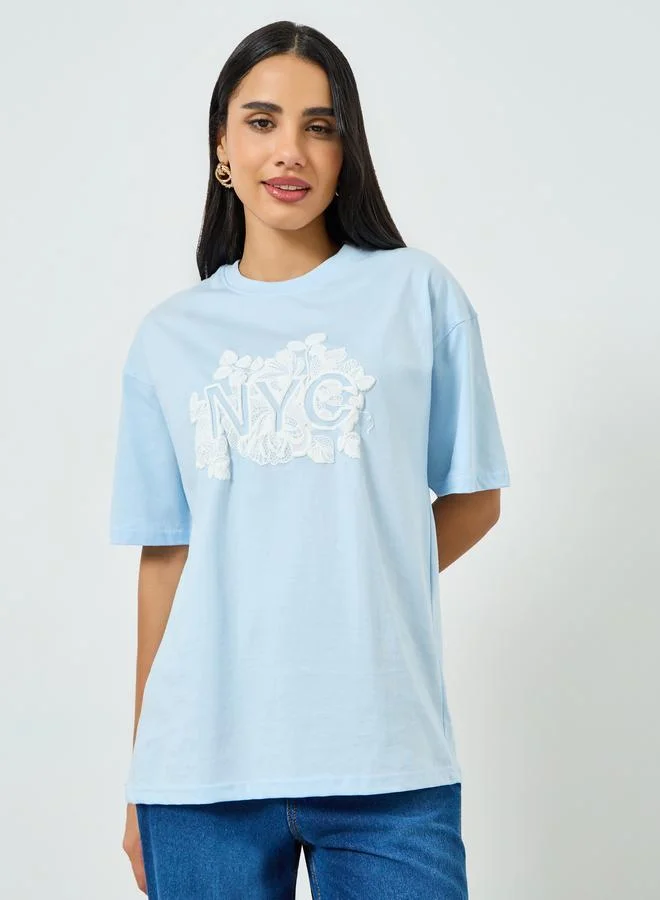 Styli Blue Oversized Rubber Print Cotton T-Shirt