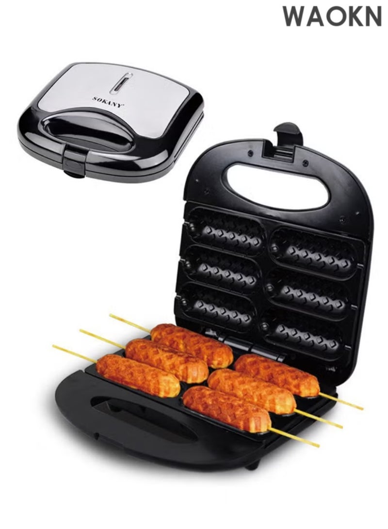 دبليو أيه أو كي أن آلة صنع وافل الهوت دوج، آلة صنع وافل الذرة مع لوحة طلاء غير لاصقة، آلة صنع الهوت دوج، محمصة الخبز، اصنع 6 قطع من كورن دوج، آلة صنع وافل الذرة، اصنع كورن دوج في دقائق، سهلة التنظيف - Image 1