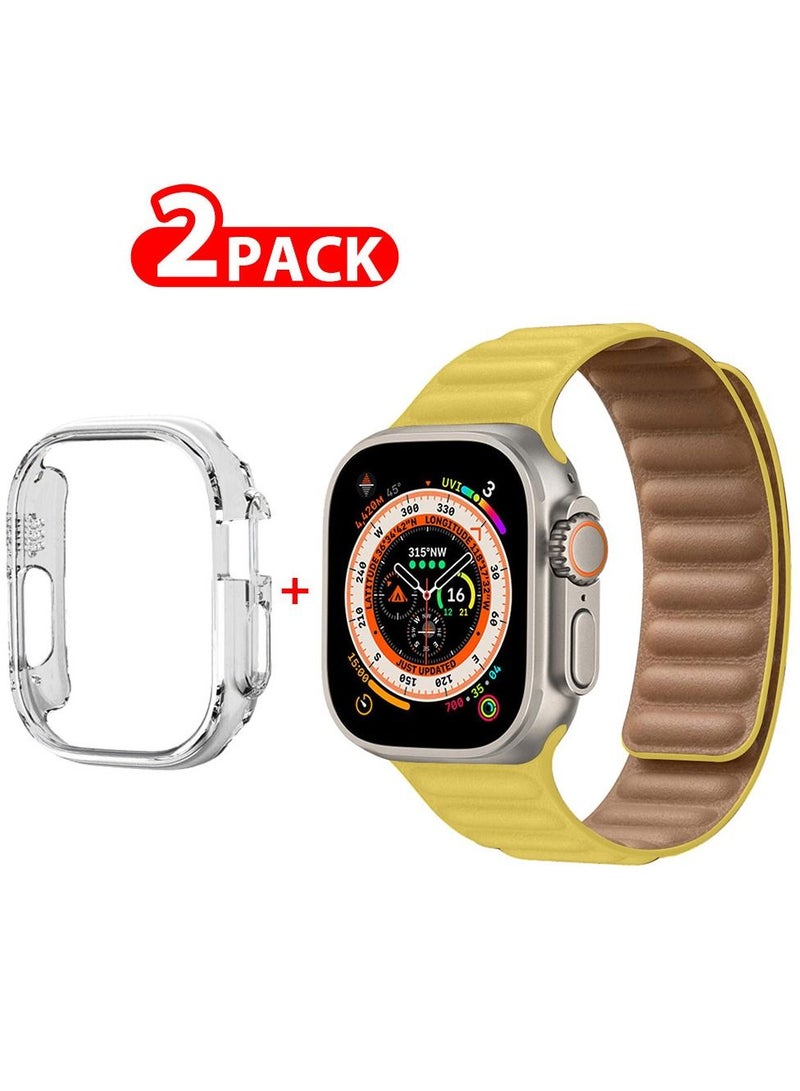 CATANES 2 Packs For Apple Watch Band 49mm Leather Link Strap Magnetic Loop Bracelet and Clear Cup Holder Yellow  - Image 1