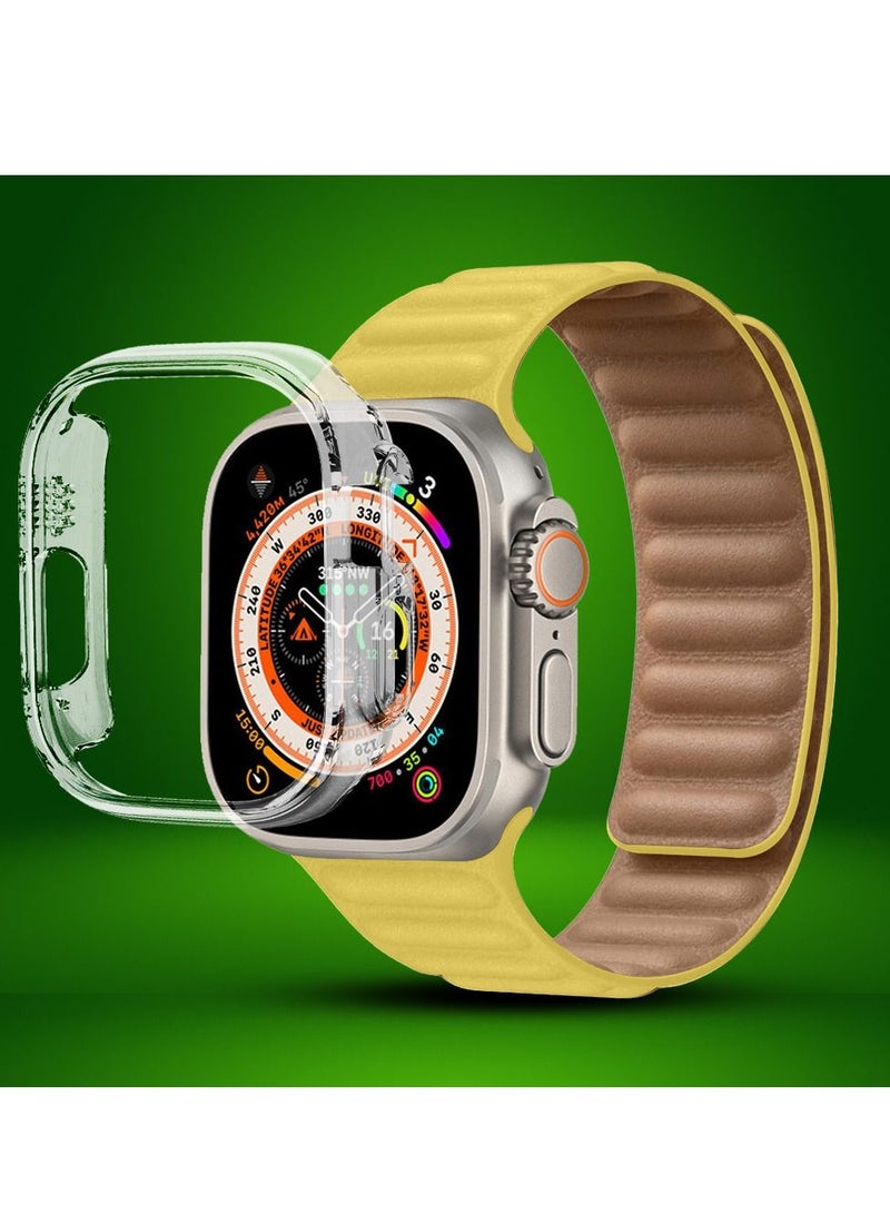 CATANES 2 Packs For Apple Watch Band 49mm Leather Link Strap Magnetic Loop Bracelet and Clear Cup Holder Yellow  - Image 2