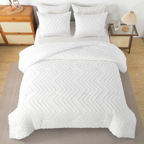 Andency White Comforter King Size, Boho Soft Fluffy Warm Lightweight Bedding Comforter Sets for King Bed, 3 Pieces Chevron Tufted Aesthetic Microfiber Lightweight Comforter Set - Image 3