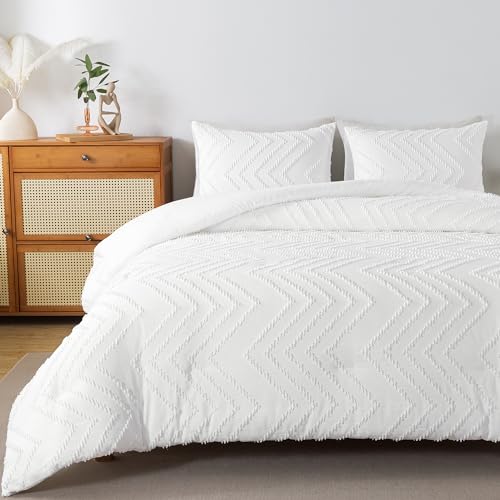 Andency White Comforter King Size, Boho Soft Fluffy Warm Lightweight Bedding Comforter Sets for King Bed, 3 Pieces Chevron Tufted Aesthetic Microfiber Lightweight Comforter Set - Image 4