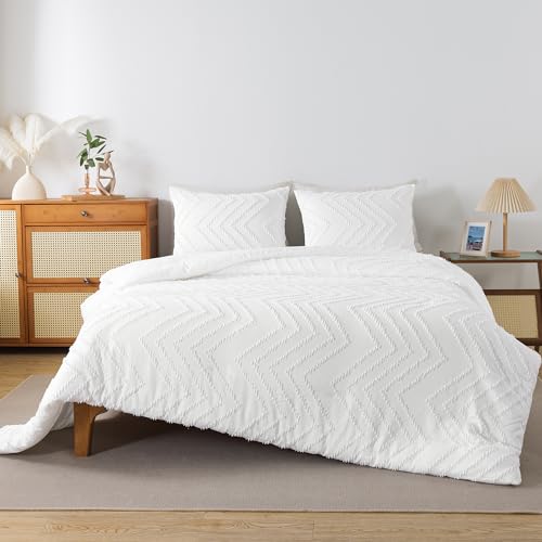 Andency White Comforter King Size, Boho Soft Fluffy Warm Lightweight Bedding Comforter Sets for King Bed, 3 Pieces Chevron Tufted Aesthetic Microfiber Lightweight Comforter Set - Image 2