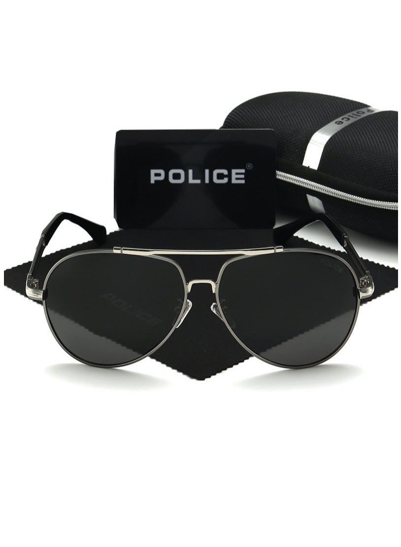 POLICE Fashion Men's Polarized High Quality Glasses,Cycling Sunglasses,  Metal High-end Sunglasses Gunmetal Frame with Silver Edge Best Price KSA 