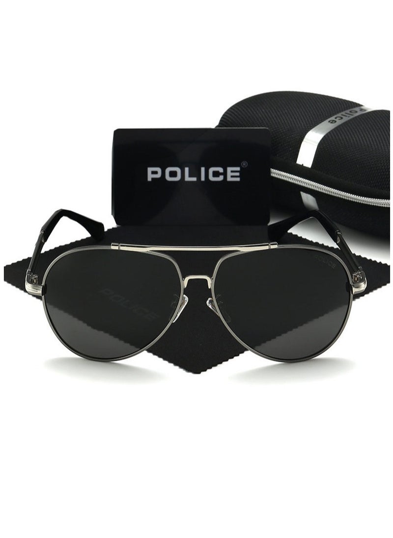 POLICE Fashion Men's Polarized High Quality Glasses Metal High-end Sunglasses Gunmetal Frame with Silver Edge  - Image 1
