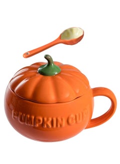 Pumpkin Ceramics Mug, Pumpkin Shape Ceramic Cup, Creative Pumpkin Cup, Coffee Tea Cup, Milk Soup Mug, with Lid Spoon for Spices (Orange)