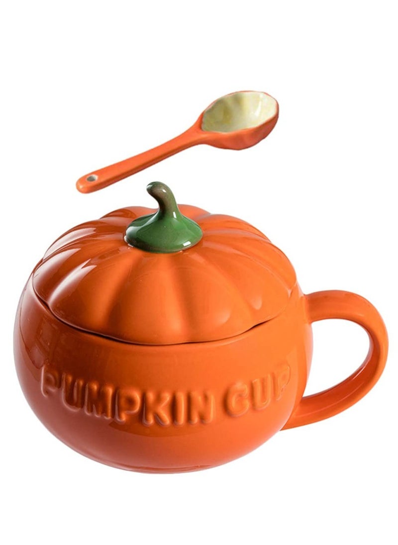 Excefore - Pumpkin Ceramics Mug, Pumpkin Shape Ceramic Cup, Creative Pumpkin Cup, Coffee Tea Cup, Milk Soup Mug, with Lid Spoon for Spices (Orange) - Image 1