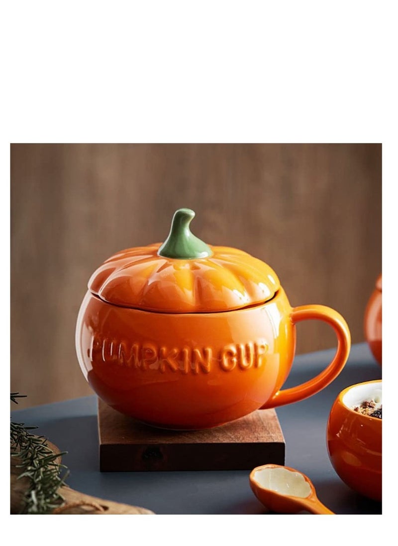 Excefore - Pumpkin Ceramics Mug, Pumpkin Shape Ceramic Cup, Creative Pumpkin Cup, Coffee Tea Cup, Milk Soup Mug, with Lid Spoon for Spices (Orange) - Image 1