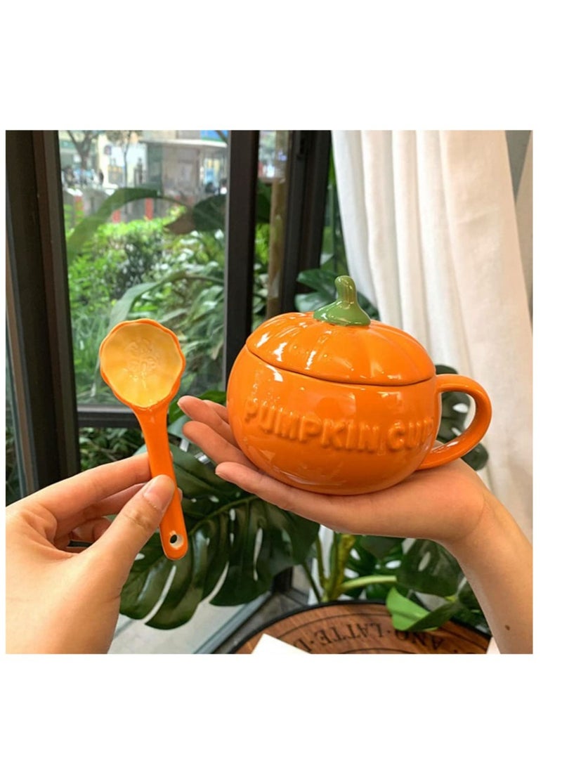 Excefore - Pumpkin Ceramics Mug, Pumpkin Shape Ceramic Cup, Creative Pumpkin Cup, Coffee Tea Cup, Milk Soup Mug, with Lid Spoon for Spices (Orange) - Image 1