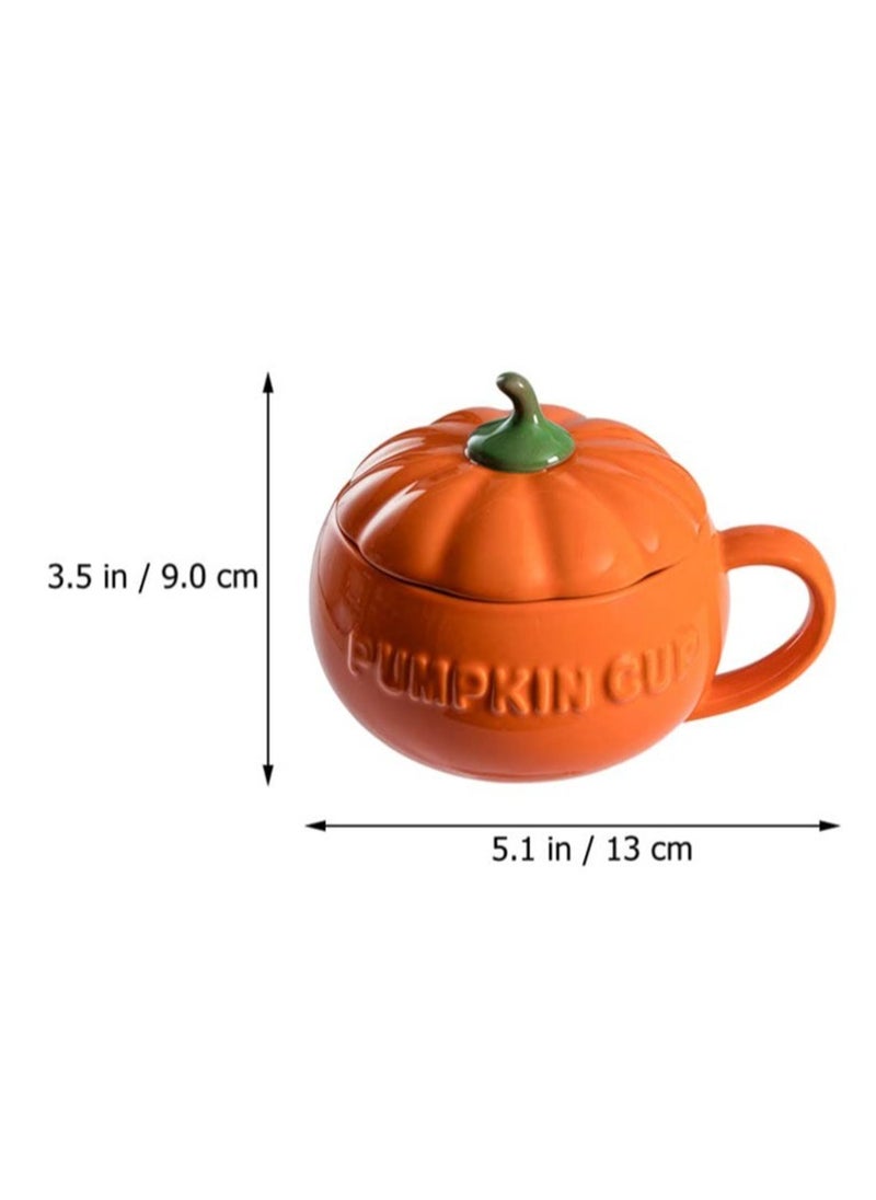 Excefore - Pumpkin Ceramics Mug, Pumpkin Shape Ceramic Cup, Creative Pumpkin Cup, Coffee Tea Cup, Milk Soup Mug, with Lid Spoon for Spices (Orange) - Image 1
