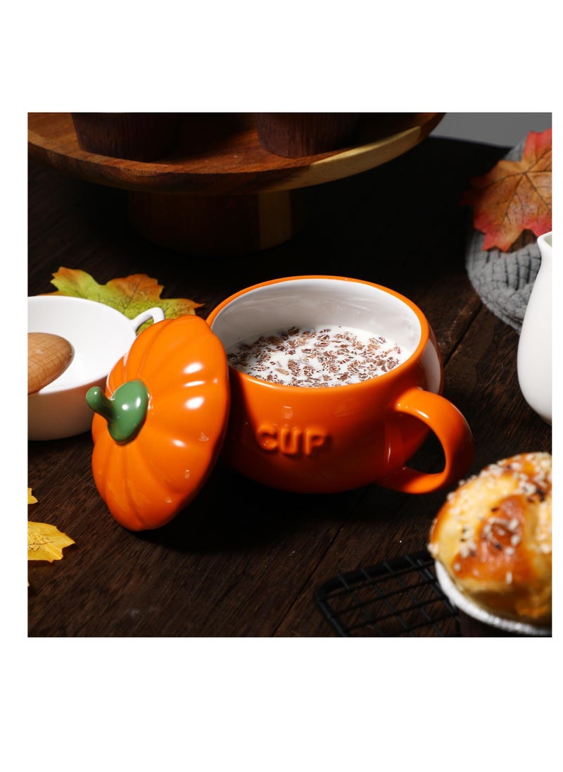 Excefore - Pumpkin Ceramics Mug, Pumpkin Shape Ceramic Cup, Creative Pumpkin Cup, Coffee Tea Cup, Milk Soup Mug, with Lid Spoon for Spices (Orange) - Image 1