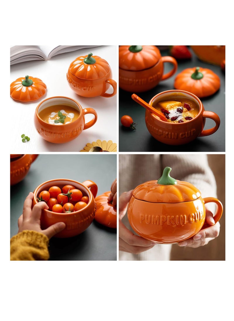 Excefore - Pumpkin Ceramics Mug, Pumpkin Shape Ceramic Cup, Creative Pumpkin Cup, Coffee Tea Cup, Milk Soup Mug, with Lid Spoon for Spices (Orange) - Image 1
