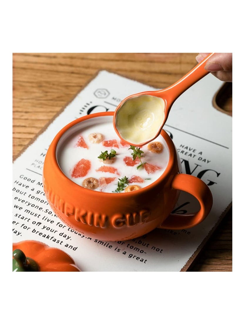 Excefore - Pumpkin Ceramics Mug, Pumpkin Shape Ceramic Cup, Creative Pumpkin Cup, Coffee Tea Cup, Milk Soup Mug, with Lid Spoon for Spices (Orange) - Image 1