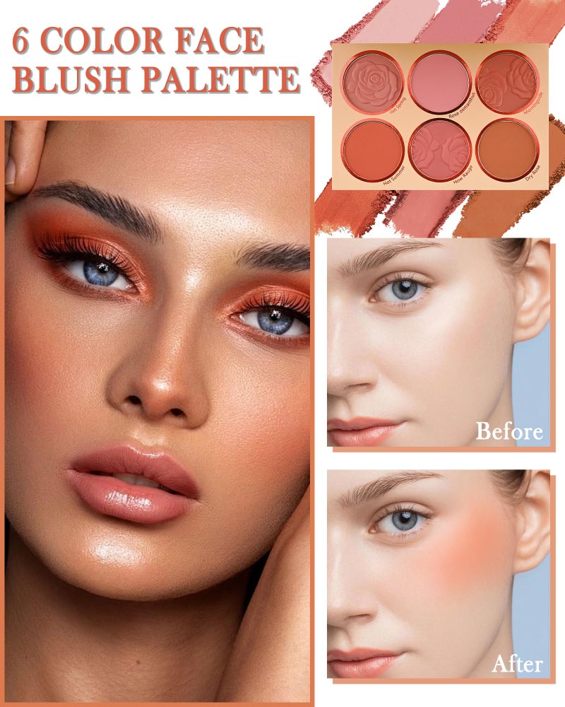 LYSdefeu Matte Face Blush Palette with Brush-6 Color High Pigment Mineral Blendable Blusher Contour Powder for Cheeks,Longlasting Facial Beauty Cosmetic,Mother's Day Christmas Makeup Gift for Women-Set 02 - Image 2