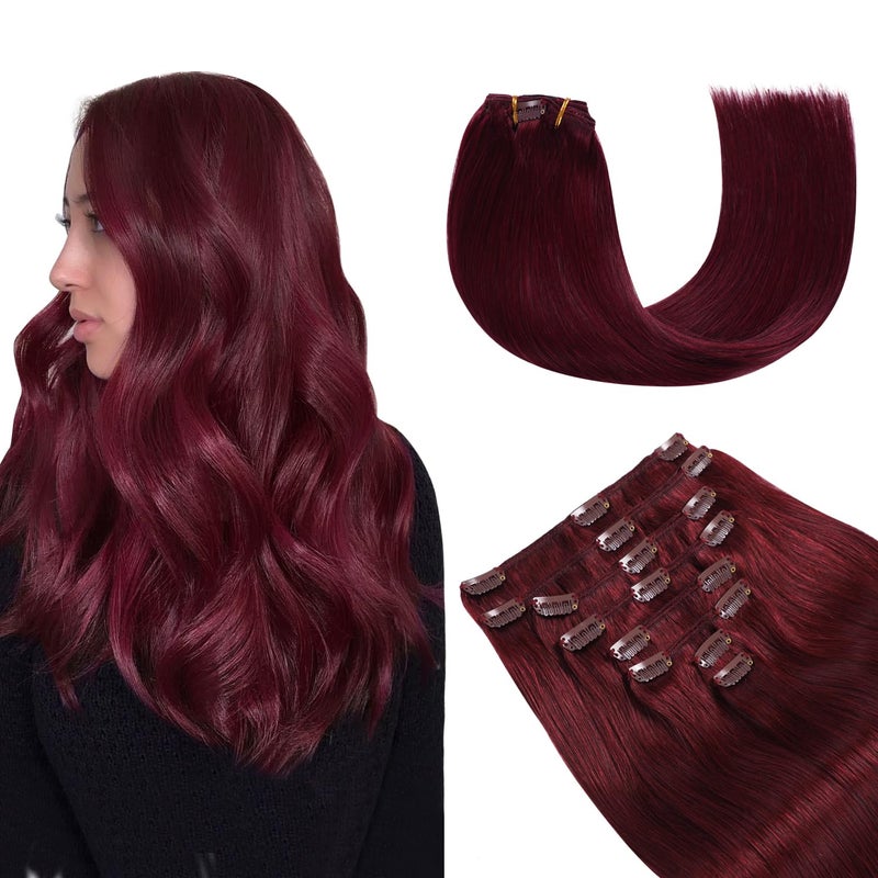 YILITE Clip in Hair Extensions Real Human Hair 8PcsPack 120g Burgundy Straight Thick Invisible Remy Natural Hair Double Weft Clip Extensions for Women 20inches 99J Burgundy