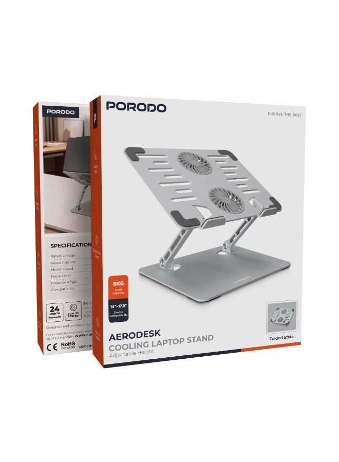 porodo Aerodesk Cooling Laptop Stand with Quiet Fan Operation, Adjustable Height, Anti-Slip Base, Durable Carbon Steel Material, Universal Support Device for ranging from 14-17.3 inches, Rotating Joints - Silver - Image 5