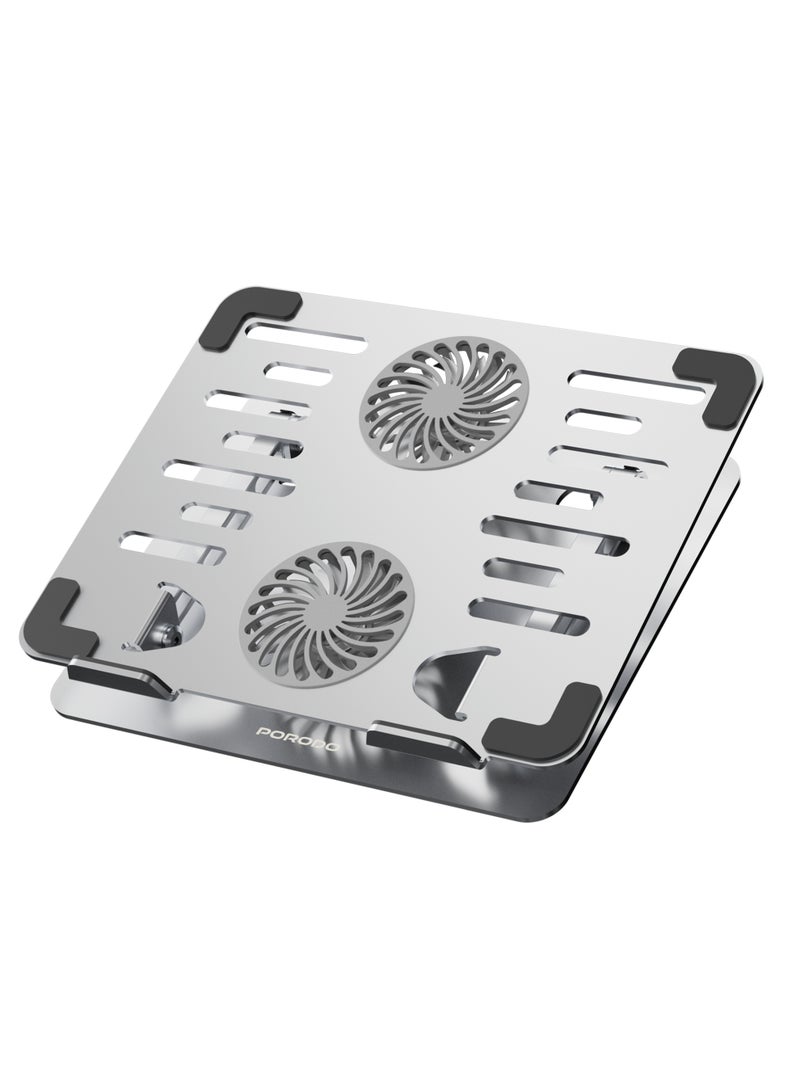 porodo Aerodesk Cooling Laptop Stand with Quiet Fan Operation, Adjustable Height, Anti-Slip Base, Durable Carbon Steel Material, Universal Support Device for ranging from 14-17.3 inches, Rotating Joints - Silver - Image 2