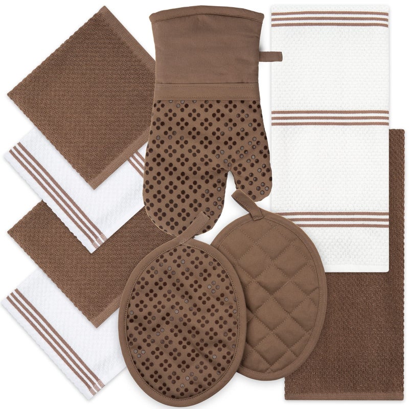 Sticky Toffee Sticky Toffee Kitchen Towels Dishcloths Oven Mitts and Pot Holders Set of 9 OekoTex 100 Cotton Terry Dish Towels  Dish Cloths NonSlip Silicone Brown 