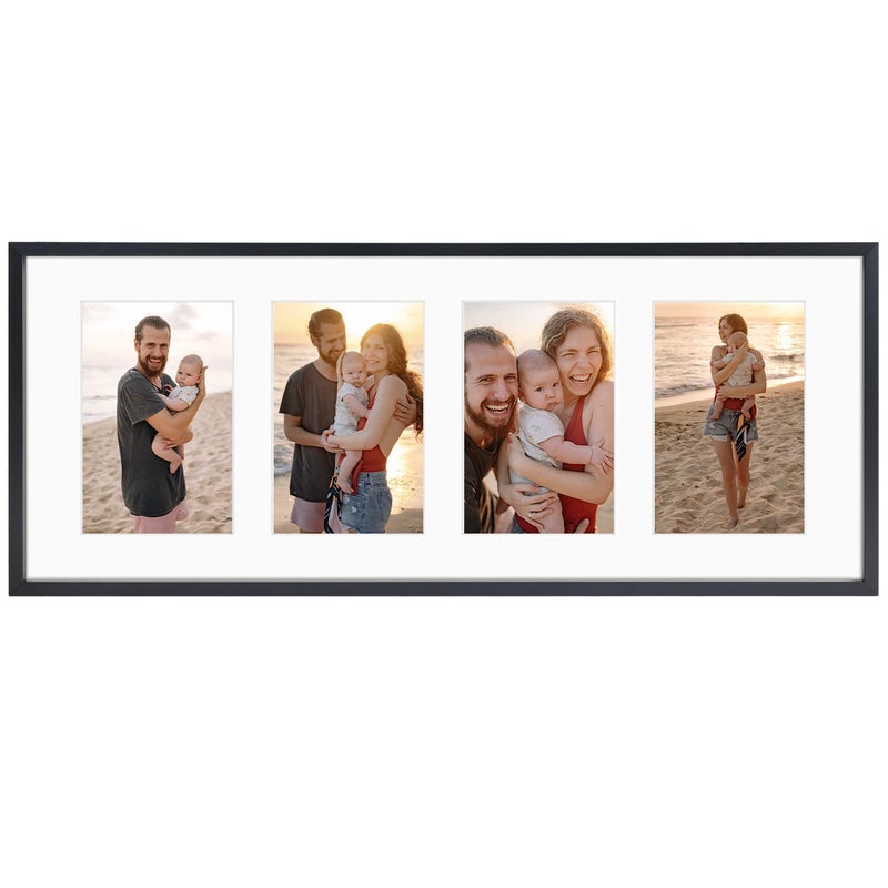 Golden State Art 4x6 Aluminum Collage Frame Displays 6x4 Pictures With 4 Openings Mat or One 8x20 Photo Real Glass PortraitLandscape Wall Display Black 1 Pack