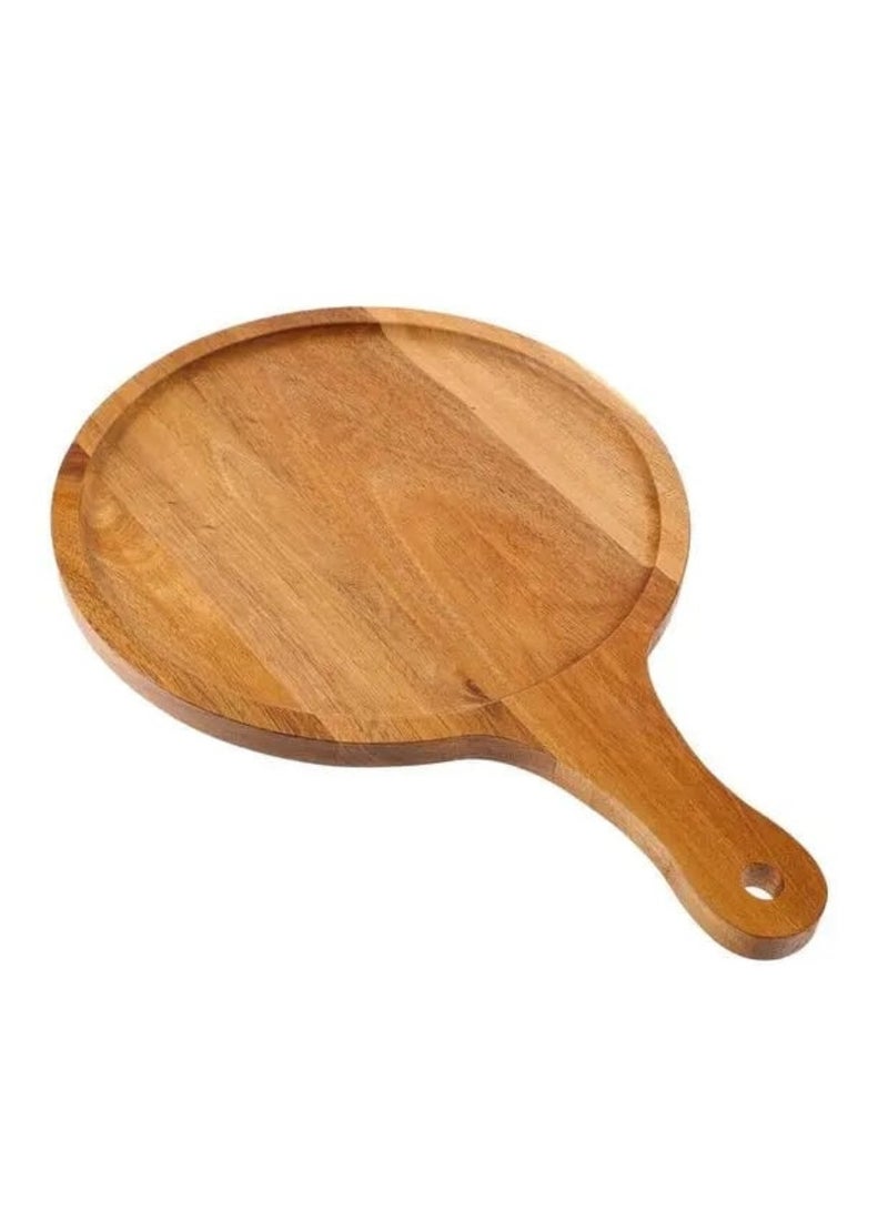 صينية بيتزا خشبية دائرية 25X37 سم من البلوط مع مقبض لقطع الخبز، صينية بيتزا، لوح تقطيع الفواكه وأدوات الخبز - Image 1