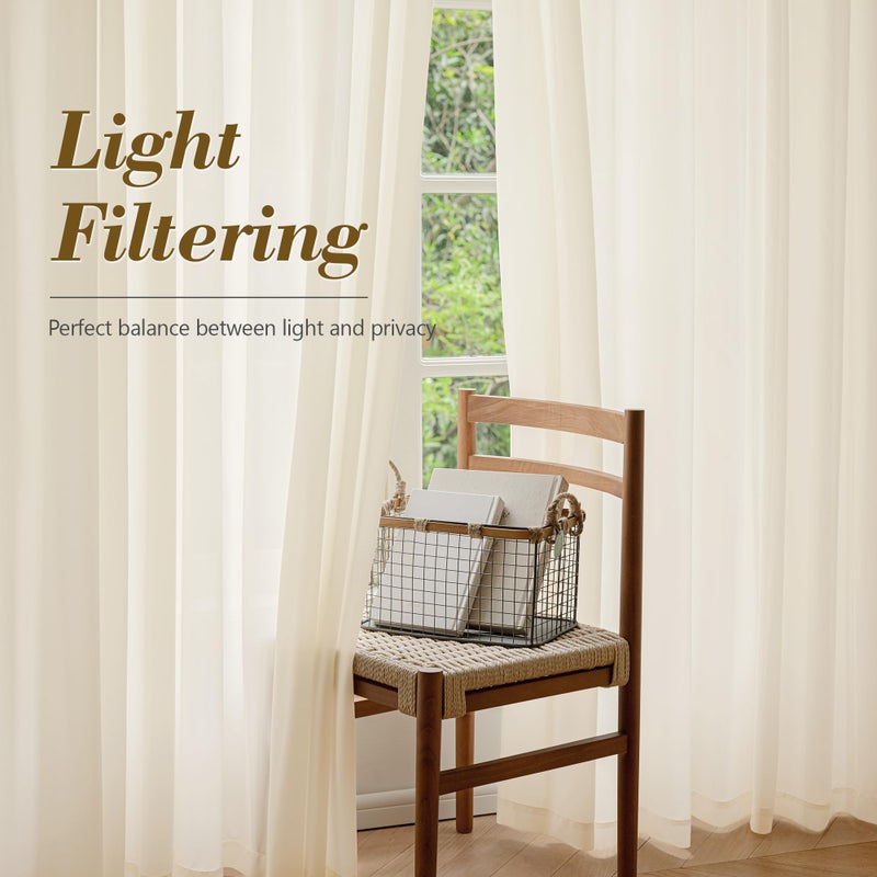 FMFUNCTEX Sheer Non-See-Through Butter Cream Curtains for Bedroom, Faux Silk That Let Light Curtains 96 inches Long Light Filtering Privacy Sheer Window Drapes for Living Room, Rod Pocket 2 Panels Set - Image 5