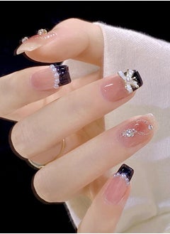 NIBEMINENT 24Pcs Fake Nails, Press Nails In Box,Short-length Flat head shaped Solid Black Color Shiny Nail Art,Bow knot Pearl Zircon,Chanel style,Fake Nail Patch  - Image 1