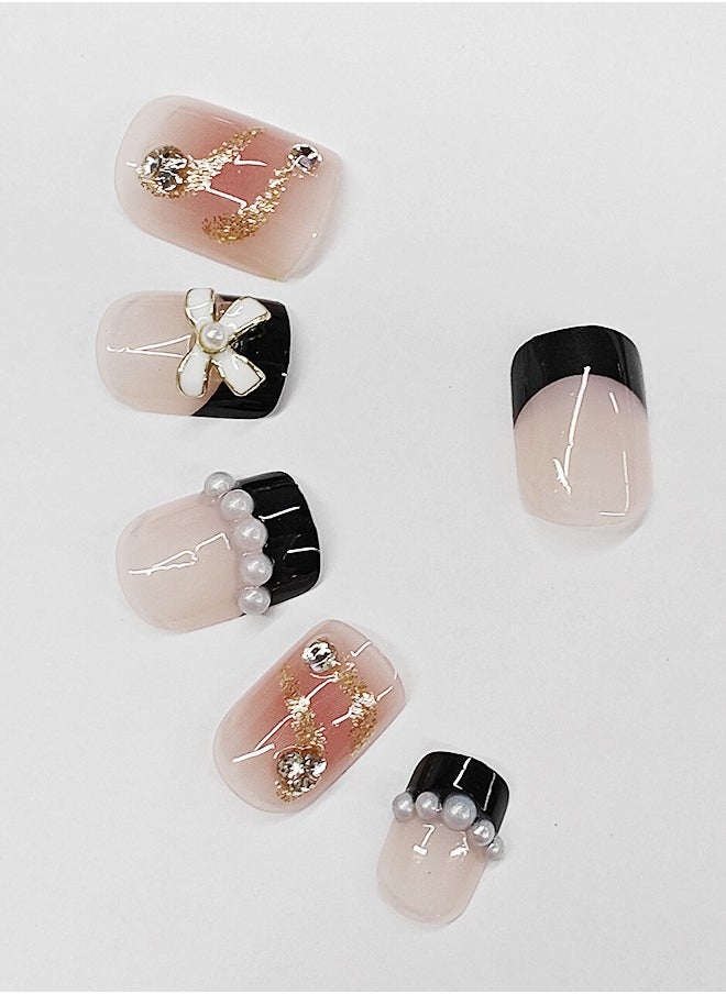 NIBEMINENT 24Pcs Fake Nails, Press Nails In Box,Short-length Flat head shaped Solid Black Color Shiny Nail Art,Bow knot Pearl Zircon,Chanel style,Fake Nail Patch  - Image 2