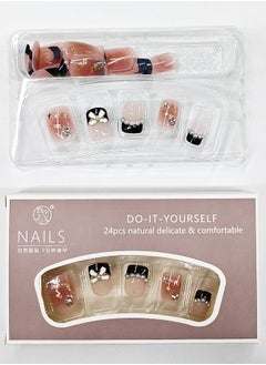 NIBEMINENT 24Pcs Fake Nails, Press Nails In Box,Short-length Flat head shaped Solid Black Color Shiny Nail Art,Bow knot Pearl Zircon,Chanel style,Fake Nail Patch  - Image 3