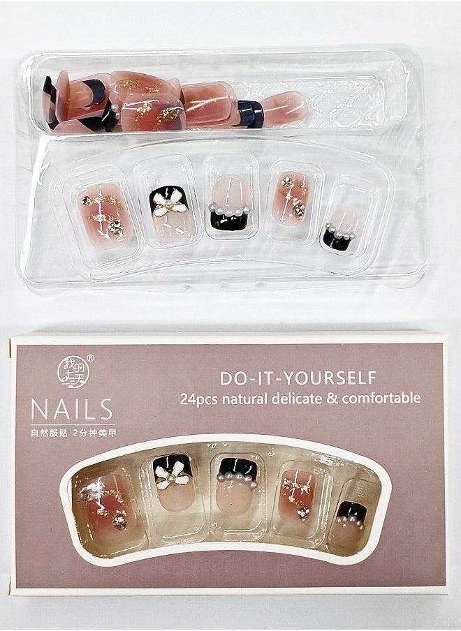 NIBEMINENT 24Pcs Fake Nails, Press Nails In Box,Short-length Flat head shaped Solid Black Color Shiny Nail Art,Bow knot Pearl Zircon,Chanel style,Fake Nail Patch  - Image 3
