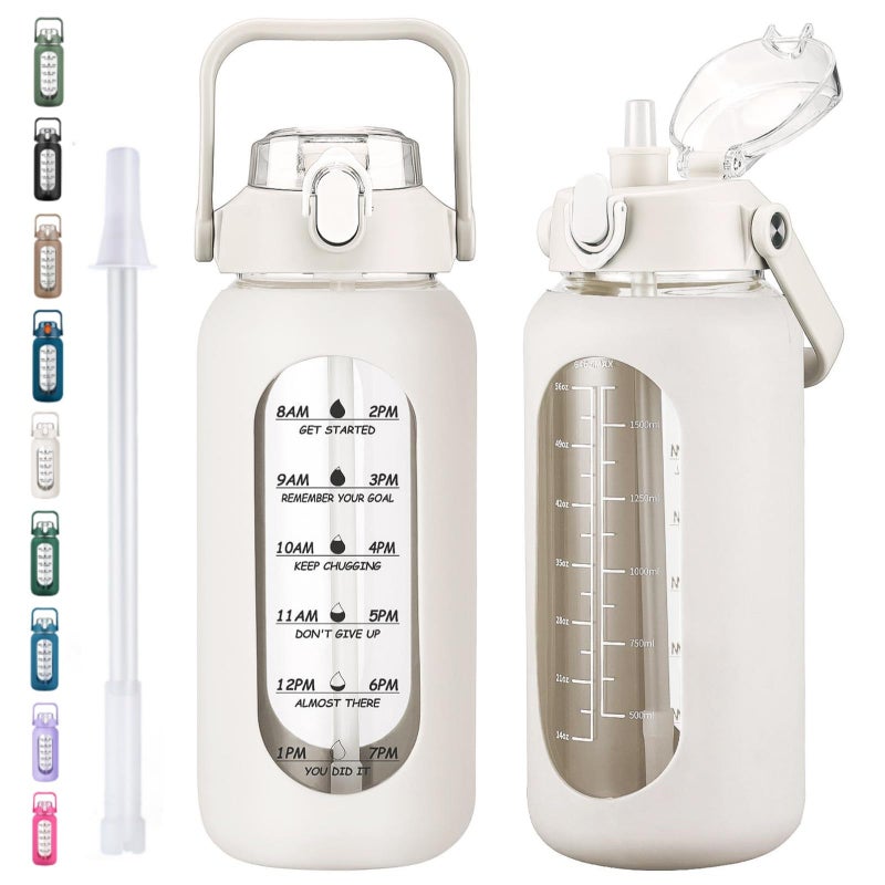 kytffu 64oz Glass Water Bottles with Straw, Half Gallon Motivational Glass Bottle with Silicone Sleeve and Time Marker, 2L Leakproof Large Glass Water Jug for Gym Home Office,White - Image 1