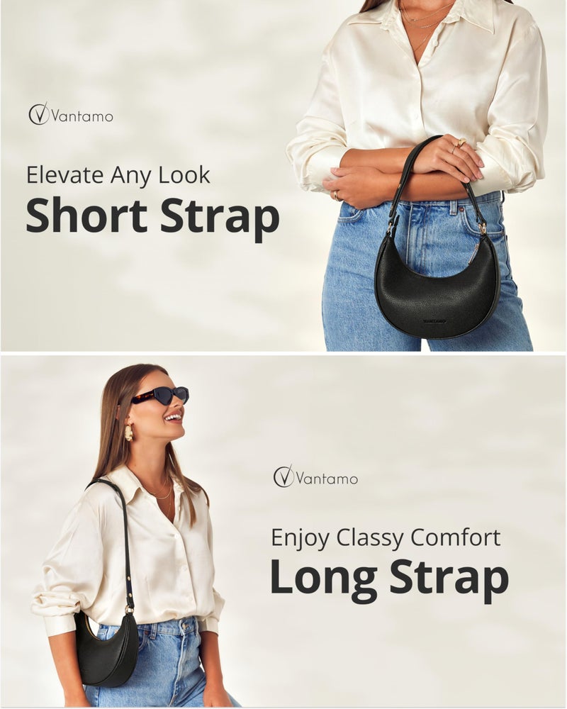 Vantamo Crescent Bags For Women with RFID Protection, Half Moon Clutch Purses for Women with Anti-Theft Clip for Extra Safety, Premium Smooth PU Leather Handbags for Work & Going Out, Black Purse - Image 3