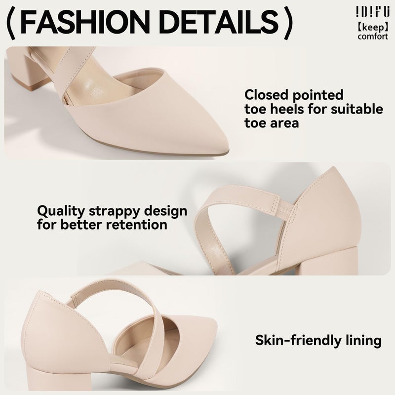 IDIFU Nude Women's Pumps Closed Toe Strappy Heels Low Block Chunky Heels Dressy Wedding Bride Prom Business Dress Shoes for Women Comfortable Formal Pointed Toe Short Small Heels(Nude Nubuck,8.5) - Image 4