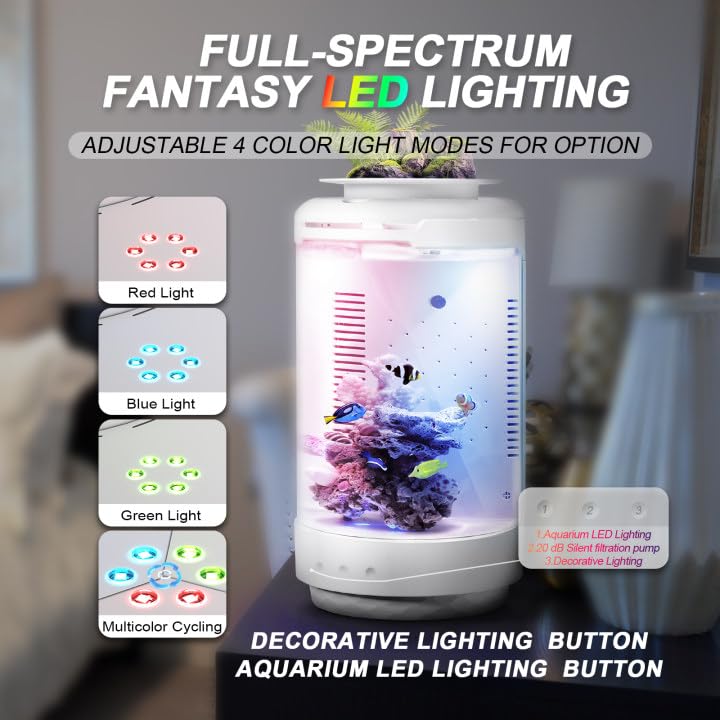 FZONE 1.2Gal Small Fish Tank with Plant Pot, All-in-one Desktop Aquarium Kit with Adjustable 4 Color Light Modes,20dB Filtration Pump,Detachable Backdrop,Invisible Touch Switch, Office & Home Decor - Image 4