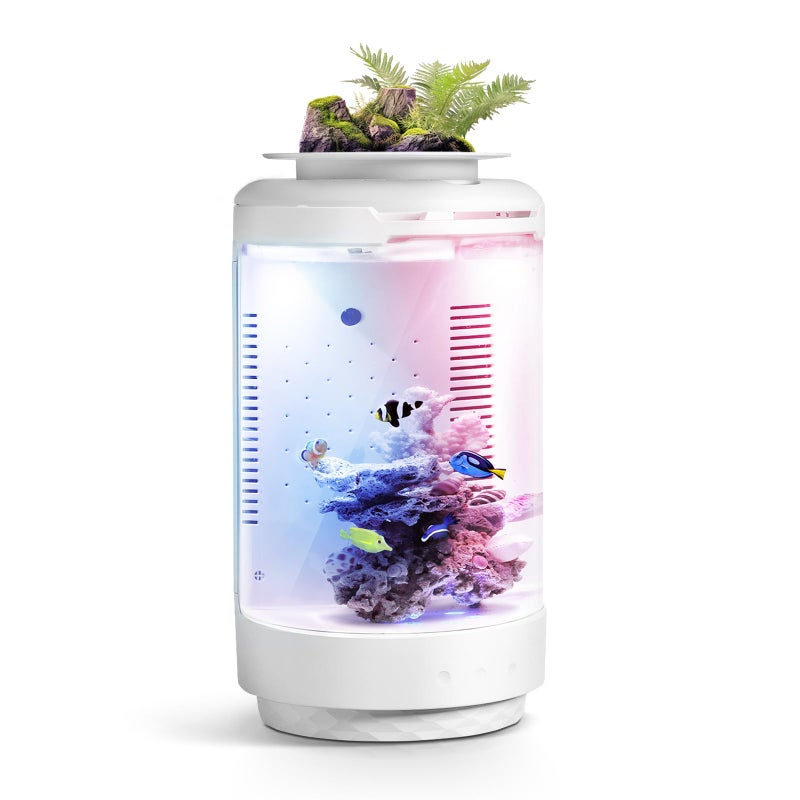 FZONE 1.2Gal Small Fish Tank with Plant Pot, All-in-one Desktop Aquarium Kit with Adjustable 4 Color Light Modes,20dB Filtration Pump,Detachable Backdrop,Invisible Touch Switch, Office & Home Decor - Image 1