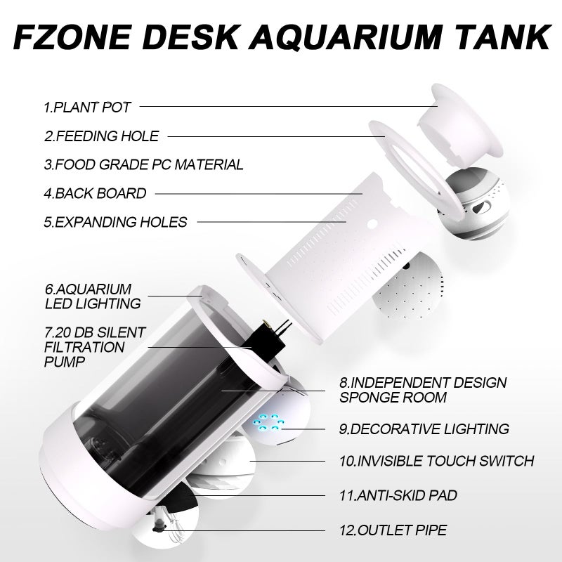 FZONE 1.2Gal Small Fish Tank with Plant Pot, All-in-one Desktop Aquarium Kit with Adjustable 4 Color Light Modes,20dB Filtration Pump,Detachable Backdrop,Invisible Touch Switch, Office & Home Decor - Image 2