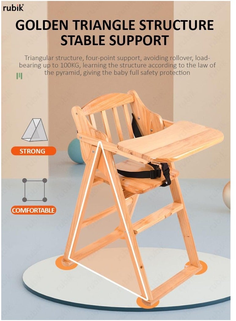 Rubik Wooden High Chair with Tray, Foldable Kids Dinning Highchair with Safety Belt and Cushion for Baby Toddler Feeding (Beige, 20cm Tray) - Image 3
