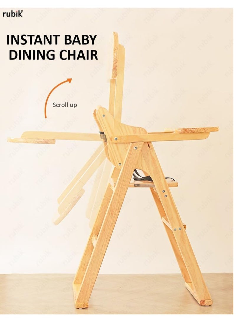 Rubik Wooden High Chair with Tray, Foldable Kids Dinning Highchair with Safety Belt and Cushion for Baby Toddler Feeding (Beige, 20cm Tray) - Image 4