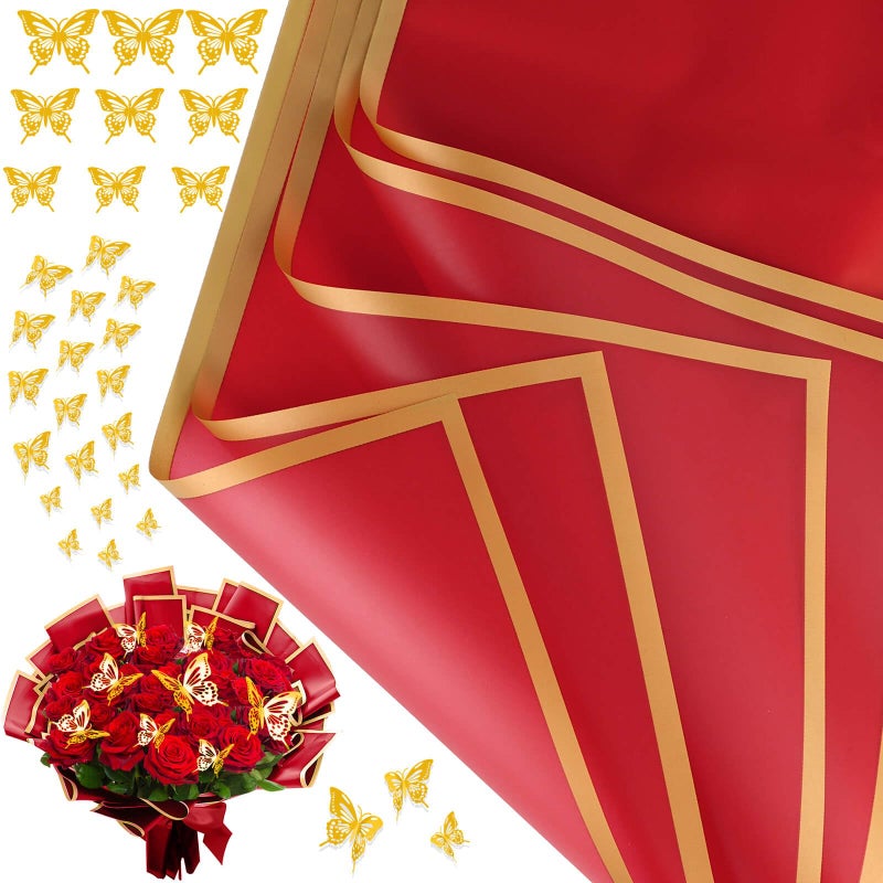 cridoz 20 Sheets Flower Bouquet Wrapping Paper with 12 Pieces Gold Butterfly Decorations for Flower Bouquets, Gift Wrapping(Red) - Image 1